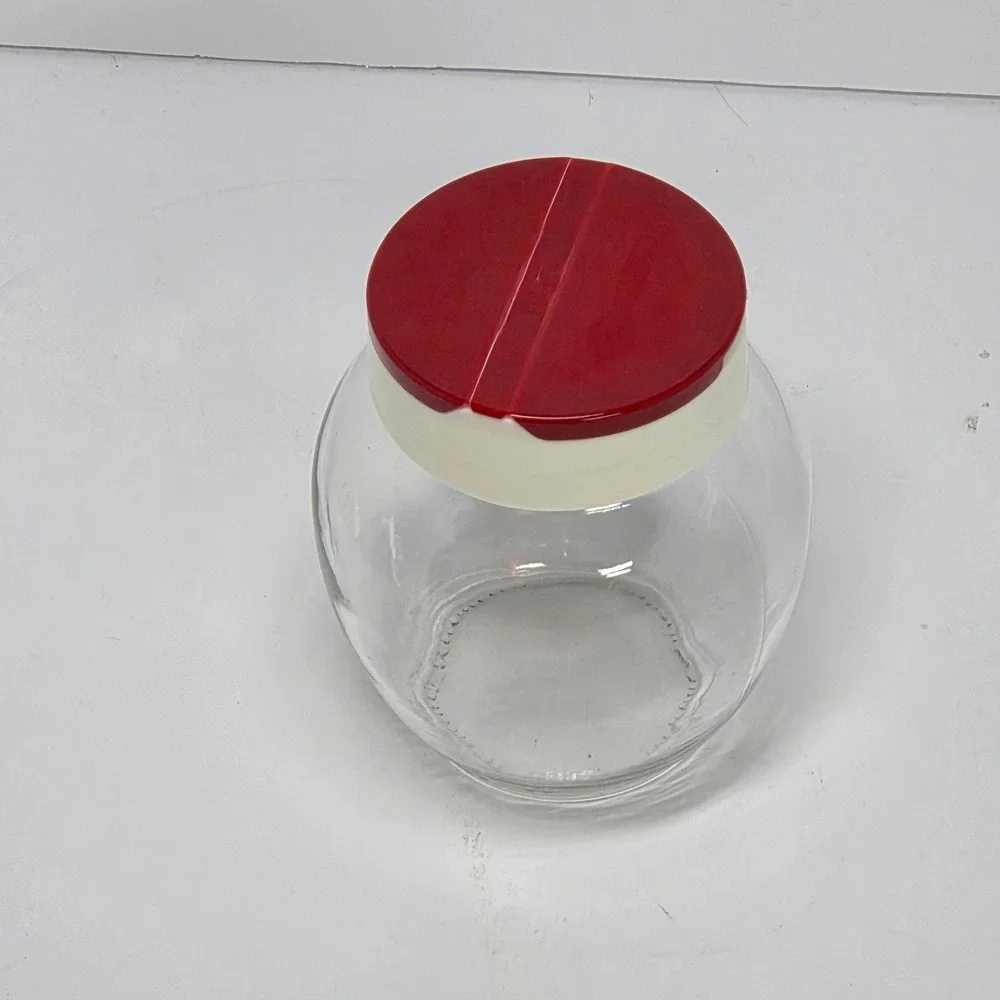 Vintage Glass Spice Jar Red White Dual Flip Top Shaker Pour Lid Clear Canister